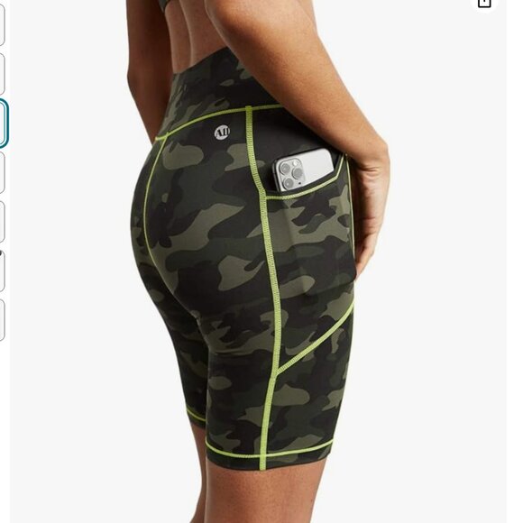 Bandier x All Access Center Stage Pocket Biker Short in Olive Camo - Picture 3 of 7